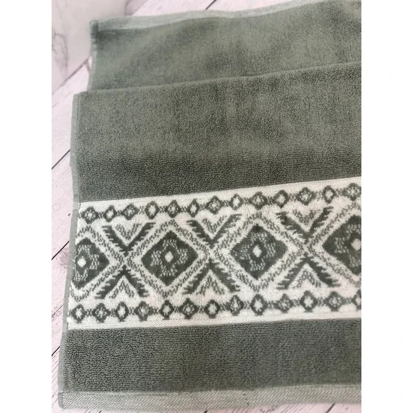 Wrangler Hand Towel Set 2pc Sage Green Southwestern Geometric Jacquard Border - Picture 3 of 4